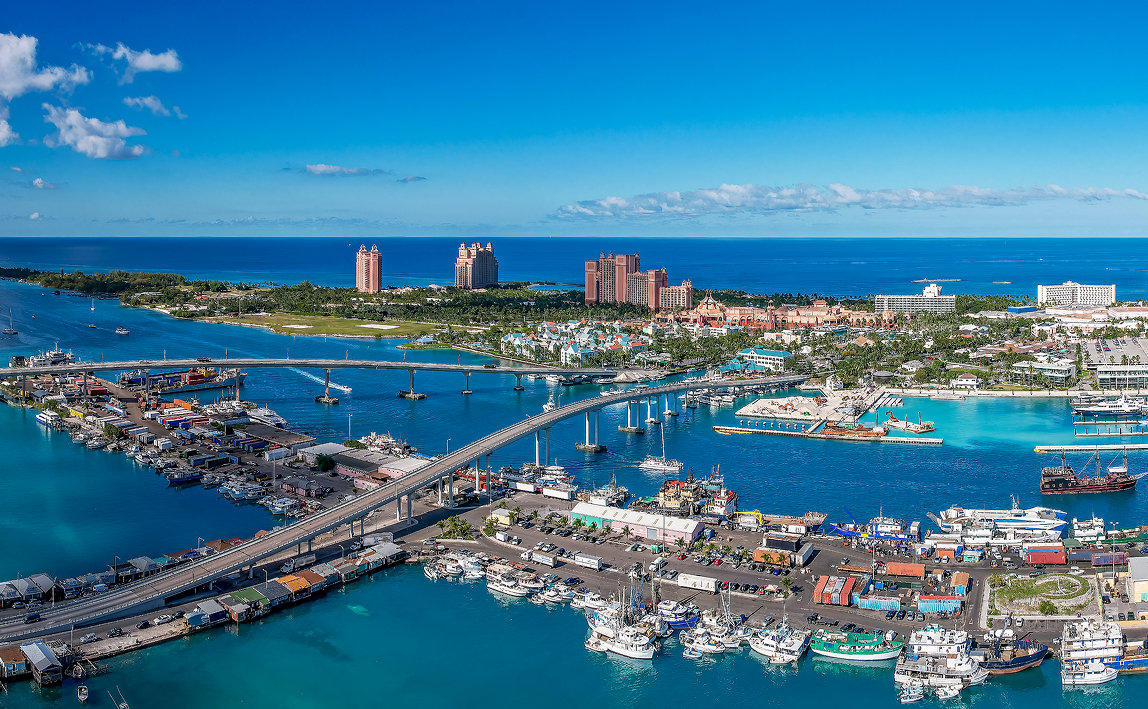The drone panoramic view of Paradise Island and Nassau port, Bahamas.