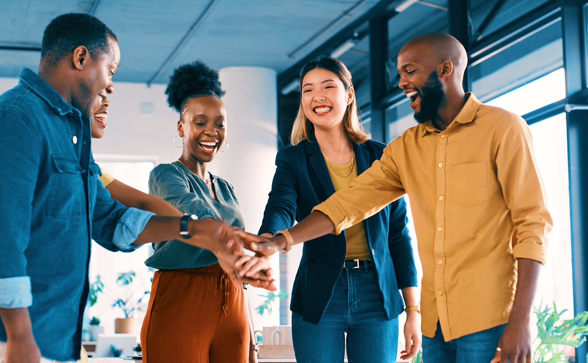 Teamwork, employees and hands for happy support, group and staff collaboration for motivation with businesspeople. Team building, career and goals in office, partnership or cooperation in workplace