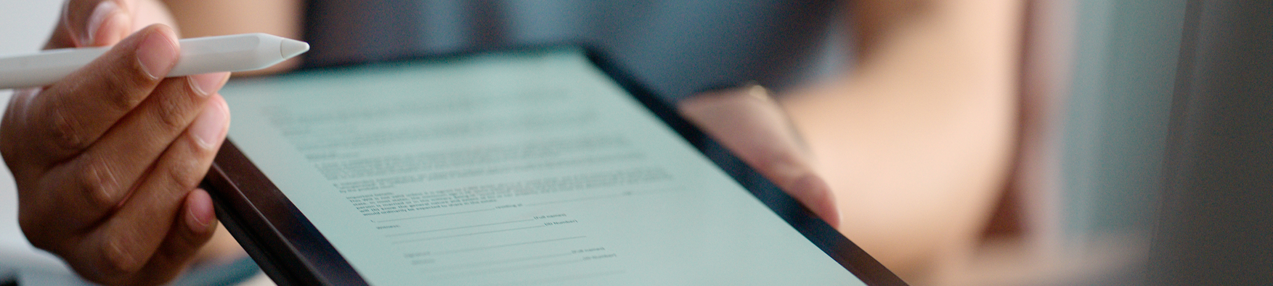 Hands, tablet and online agreement for contract meeting for signature with employment for document, form or collaboration. Businessperson, pen and internet partnership in London, digital or paperwork